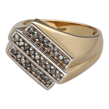 Load image into Gallery viewer, Preowned 9ct Yellow and White Gold &amp; Diamond Off Set Signet Ring in size T to U with the weight 6.80 grams. The front of the ring is 2cm high and there is approximately 50pt of diamond content in total
