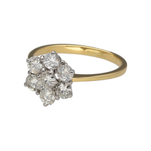 Load image into Gallery viewer, Preowned 18ct Yellow and White Gold &amp; Diamond Set Flower Cluster Ring in size O with the weight 2.90 grams. The front of the ring is 12mm high and there is approximately 98pt - 1.19ct of diamond content in total. The diamonds have approximate clarity Si1 and colour J - K
