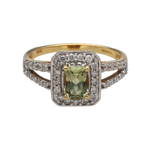 18ct Gold Diamond & Light Green Stone Set Halo Ring