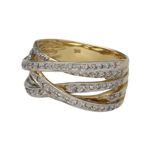 Load image into Gallery viewer, Preowned 9ct Yellow and White Gold &amp; Diamond Set Split Open Crossover Band Ring in size O with the weight 4.60 grams. The front of the ring is 10mm high
