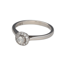 Load image into Gallery viewer, Preowned 18ct White Gold &amp; Diamond Set Halo Ring in size N with the weight 3 grams. There is approximately 25pt of diamond content in total with approximate clarity Si1
