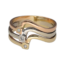 Load image into Gallery viewer, Preowned 14ct Yellow, White and Rose Gold &amp; Diamond Set Wavey Wide Spit Band Ring in size O to P with the weight 4.50 grams. The front of the ring is 13mm high
