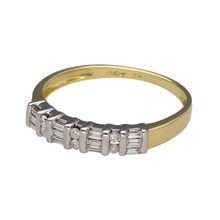 Load image into Gallery viewer, Preowned 18ct Yellow and White Gold &amp; Diamond Set Band Ring in size P with the weight 2.40 grams. The band is 3mm wide at the front and the diamonds are brilliant and baguette cut
