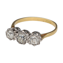 Load image into Gallery viewer, Preowned 18ct Yellow and White Gold &amp; Diamond Set Trilogy Ring in size Q with the weight 2.60 grams. There is approximately 75pt of diamond content in total
