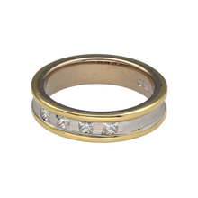 Load image into Gallery viewer, Preowned 18ct Yellow and White Gold &amp; Diamond Set Band Ring in size K to L with the weight 6.90 grams. The band is 5mm wide and is set with four princess cut diamonds
