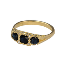 Load image into Gallery viewer, Preowned 18ct Yellow Gold Diamond &amp; Sapphire Set Vintage Style Ring in size M to N with the weight 3.50 grams. The center sapphire stone is 4mm diameter
