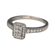 Load image into Gallery viewer, Preowned 9ct White Gold &amp; Diamond Set Halo Cluster Ring in size O to P with the weight 3.20 grams. The front of the ring is 9mm high. The ring is made up of brilliant and princess cut diamonds at approximately 38pt of diamond content in total. The diamonds are approximate clarity i1
