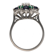 Load image into Gallery viewer, 18ct White Gold Diamond Sapphire &amp; Emerald Set Flower Cluster Ring
