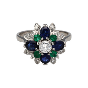 18ct White Gold Diamond Sapphire & Emerald Set Flower Cluster Ring