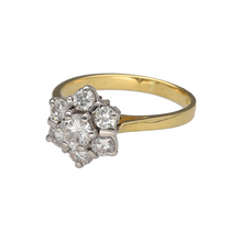 Load image into Gallery viewer, Preowned 18ct Yellow and White Gold &amp; Diamond Set Flower Cluster Ring in size I with the weight 2.80 grams. There is approximately 0.60ct of diamond content set in total and the front of the ring is 11mm high
