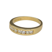 Load image into Gallery viewer, Preowned 18ct Yellow Gold &amp; Diamond Set Band Ring in size J with the weight 3.50 grams. The front of the band is 4mm wide and there is approximately 0.28ct of diamond content set in total
