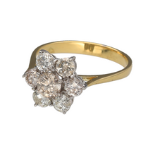 Load image into Gallery viewer, Preowned 18ct Yellow and White Gold &amp; Diamond Set Flower Cluster Ring in size N with the weight 3.10 grams. There is approximately 1.28ct of diamond content set in total and the front of the ring is 11mm high
