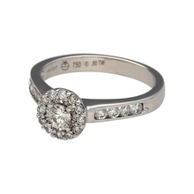 Load image into Gallery viewer, Preowned 18ct White Gold &amp; Diamond Set Halo Ring in size M with the weight 3.80 grams. There is approximately 0.50ct of diamond content set in total and the front of the ring is 8mm high
