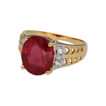 Load image into Gallery viewer, Preowned 18ct Yellow and White Gold Diamond &amp; Ruby Set Dress Ring in size N with the weight 5.70 grams. The ruby stone is 12mm by 10mm
