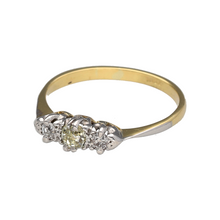 Load image into Gallery viewer, Preowned 18ct Yellow and White Gold &amp; Diamond Set Trilogy Ring in size R to S with the weight 2.80 grams. The front of the ring is 5mm high and there is approximately 0.37ct of diamond content in total
