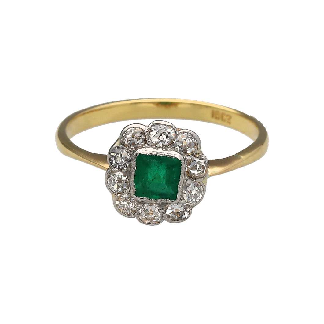 18ct Gold Diamond & Emerald Set Vintage Style Cluster Ring