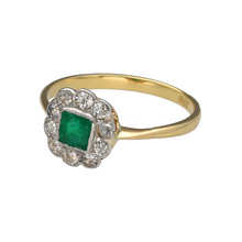 Load image into Gallery viewer, Preowned 18ct Yellow and White Gold Diamond &amp; Emerald Set Vintage Style Cluster Ring in size R with the weight 2.70 grams. The emerald stone is 5mm by 5mm
