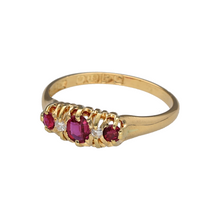 Load image into Gallery viewer, Preowned 18ct Yellow Gold Diamond &amp; Ruby Set Chester Hallmarked Boat Style Ring in size O with the weight 2.90 grams. The center ruby stone is 5mm by 4mm
