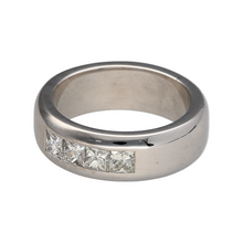 Load image into Gallery viewer, Preowned 18ct White Gold &amp; Diamond Set Heavy Band Ring in size O with the weight 14.20 grams. The band is 6mm and is set with four princess cut diamonds. There is approximately 0.72ct - 0.80 ct of diamond content in total
