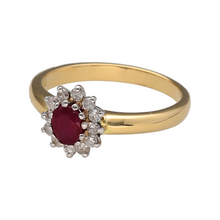 Load image into Gallery viewer, Preowned 18ct Yellow and White Gold Diamond &amp; Ruby Set Cluster Ring in size O to P with the weight 4.20 grams. The ruby stone is 5mm by 4mm
