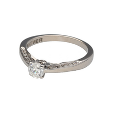 Load image into Gallery viewer, Preowned 18ct White Gold &amp; Diamond Set Solitaire Ring in size K with the weight 2.70 grams. The ring has a strip of diamond set on the top and bottom and the center diamond is approximately 0.40ct
