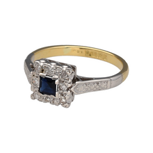 Load image into Gallery viewer, Preowned 18ct Yellow and White Gold Diamond &amp; Sapphire Set Vintage Style Ring in size L with the weight 3.40 grams. The front of the ring is 8mm and the sapphire stone is approximately 3.5mm by 3.5mm
