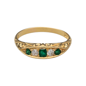 18ct Gold Diamond & Emerald Set Vintage Boat Style Ring