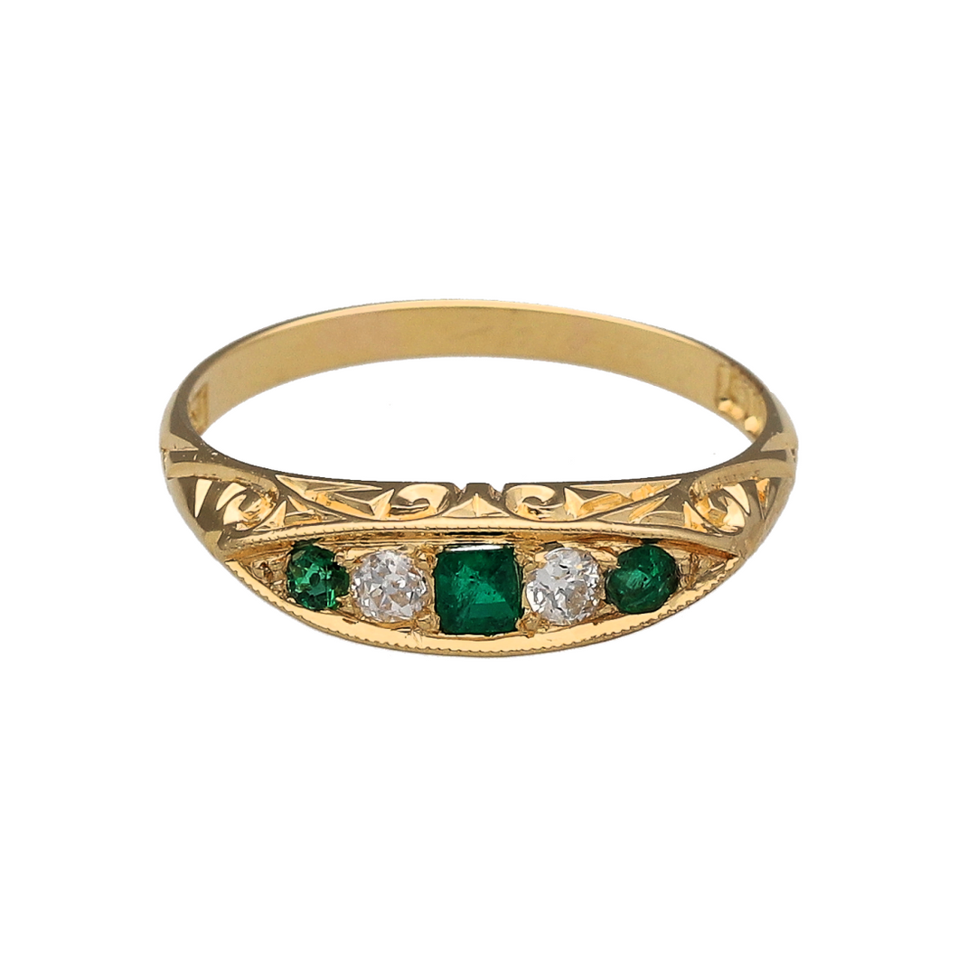 18ct Gold Diamond & Emerald Set Vintage Boat Style Ring