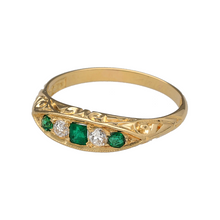 Load image into Gallery viewer, Preowned 18ct Yellow Gold Diamond &amp; Emerald Set Vintage Boat Style Ring in size O with the weight 2.80 grams. The center emerald stone is 3mm by 3mm
