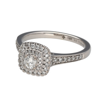 Load image into Gallery viewer, Preowned 18ct White Gold &amp; Diamond Set Halo Ring in size M with the weight 4.10 grams. The front of the ring is 10mm high and there is approximately 0.51ct of diamond content in total
