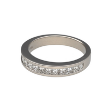 Load image into Gallery viewer, Preowned Platinum &amp; Diamond Set Band Ring in size J to K with the weight 5.40 grams. The front of the band is approximately 3.5mm wide and there is approximately 0.78ct of diamond content set in total
