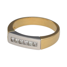 Load image into Gallery viewer, Preowned 18ct Yellow Gold &amp; Diamond Set Band Ring in size W with the weight 9 grams. The front of the band is 6mm wide and there are six princess cut diamonds set in a row inside the band
