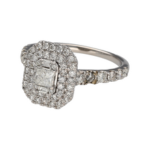 Load image into Gallery viewer, Preowned 18ct White Gold &amp; Diamond Set Halo Cluster Ring in size M with the weight 4.30 grams. The front of the ring is 13mm high and there is approximately 1.25ct of diamond content set in total
