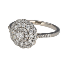 Load image into Gallery viewer, Preowned Platinum &amp; Diamond Set Cluster Ring in size T with the weight 5.70 grams. The front of the ring is 14mm high and there is approximately 0.65ct - 0.70ct of diamond content set in total
