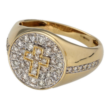 Load image into Gallery viewer, Preowned 9ct Yellow and White Gold &amp; Diamond Set Cross Cluster Signet Ring in size T with the weight 4.80 grams. The front of the ring is 15mm high and there is approximately 0.50ct of diamond content in total
