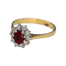 Load image into Gallery viewer, Preowned 18ct Yellow and White Gold Diamond &amp; Ruby Set Cluster Ring in size S with the weight 4.40 grams. The ruby stone is 6mm by 5mm
