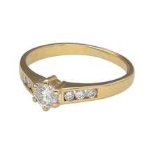 Load image into Gallery viewer, Preowned 18ct Yellow Gold &amp; Diamond Set Solitaire Ring in size J with the weight 2 grams. The center diamond is approximately 0.25ct and there are also diamonds set on the shoulders
