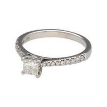 Load image into Gallery viewer, Preowned 9ct White Gold &amp; Diamond Set Princess Cut Solitaire Ring in size K with the weight 2.40 grams. There is approximately 0.39ct of diamond content set in the center princess cut stone and there are additional diamonds set on the shoulders
