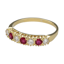 Load image into Gallery viewer, Preowned 18ct Yellow Gold Diamond &amp; Ruby Set Band Ring in size R to S with the weight 2.90 grams. The ruby stones are each 3mm diameter
