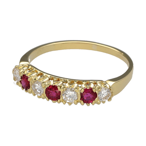 Preowned 18ct Yellow Gold Diamond & Ruby Set Band Ring in size R to S with the weight 2.90 grams. The ruby stones are each 3mm diameter