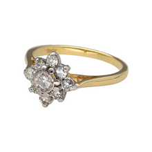 Load image into Gallery viewer, Preowned 18ct Yellow and White Gold &amp; Diamond Set Flower Cluster Ring in size K with the weight 2.90 grams. The front of the ring is 11mm high
