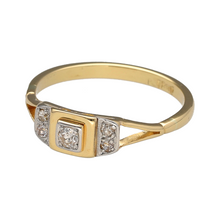 Load image into Gallery viewer, Preowned 18ct Yellow and White Gold &amp; Diamond Set Vintage Style Ring in size Q with the weight 2.80 grams. The front of the band is 6mm high
