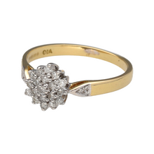 Load image into Gallery viewer, Preowned 18ct Yellow and White Gold &amp; Diamond Set Cluster Ring in size P with the weight 3 grams. The front of the ring is 9mm high and there is approximately 0.25ct of diamond content set in total
