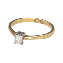 Load image into Gallery viewer, Preowned 18ct Yellow and White Gold &amp; Diamond Set Emerald Cut Solitaire Ring in size Q with the weight 2.60 grams. The diamond is approximately 0.20ct with approximate clarity VS
