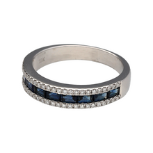 Load image into Gallery viewer, Preowned 18ct White Gold Diamond &amp; Sapphire Set Band Ring in size Q to R with the weight 5.10 grams. The front of the band is 5mm wide
