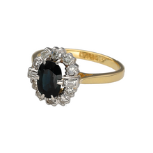 Load image into Gallery viewer, Preowned 18ct Yellow Gold &amp; Platinum Diamond &amp; Sapphire Set Cluster Ring in size L to M with the weight 4.60 grams. The sapphire stone is 8mm by 5mm
