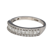 Load image into Gallery viewer, Preowned Platinum &amp; Diamond Set Three Row Band Ring in size T with the weight 5 grams. The front of the band is 5mm wide and there is approximately 0.80 ct of diamond content set in total
