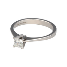 Load image into Gallery viewer, Preowned Platinum &amp; Diamond Set Solitaire Ring in size Q to R with the weight 5.30 grams. The princess cut diamond is approximately 0.64ct with approximate clarity VS and colour J - K
