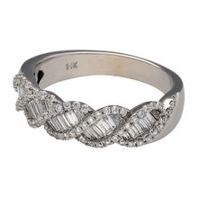 Load image into Gallery viewer, Preowned 14ct White Gold &amp; Diamond Set Twist Band Ring in size N with the weight 4.20 grams. The front of the band is 6mm wide and the ring is made up of brilliant and baguette cut diamonds
