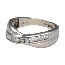 Load image into Gallery viewer, Preowned 18ct White Gold &amp; Diamond Set Crossover Band Ring in size M with the weight 3.60 grams. The front of the band is between 3mm-5mm and there is approximately 0.22ct of diamond content set in total
